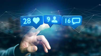 Businessman holding a Like, Follower and message notification on social network - 3d render