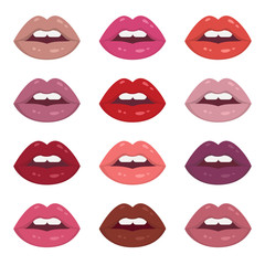 Lipstick palette. Vector illustration of sexy woman's lips with different matte lipstick tones, such as red, nude, pink and violet. Isolated on white.