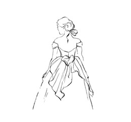 Hand drawn vector abstract graphic ink drawing illustration sketch of beautiful bride wedding girl in dress with isolated on white background