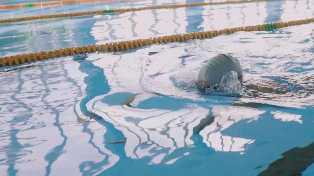 Senior man swimming in an indoor swimming pool.