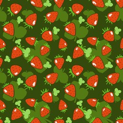 Simple cartoon strawberry seamless vector pattern with the green background