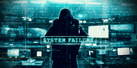 Internet crime concept. Hacker working on a code on dark digital background