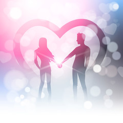 Obraz na płótnie Canvas Couple Hold Hands Over Bokeh Background And Heart Shape In Blur Shiny Light Vector Illustration