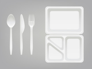 Disposable plastic lunch box and cutlery vector illustration of 3D realistic spoon, fork or knife and lunch-box container with partition. Picnic party tableware isolated icons set on gray background