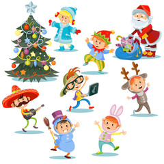 Plakat Vector Christmas carnival party, children in costumes with Santa Claus with presents for cheerful kids in fancy dresses. Group of boys and girls in masquerade costumes dance near New Year tree