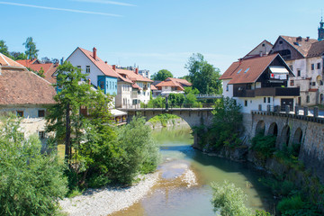 Capuchin Bridge sitting over the Selska Sora River in Slovenia