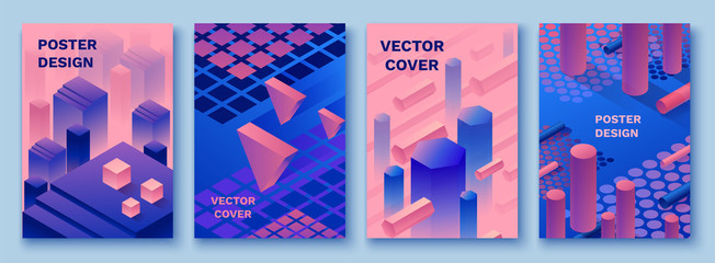 Abstract violet isometric posters set in trendy purple color with geometric 3d shapes, brochure collection, futuristic background, colorful bright vector illustration, cover, print - 191058905