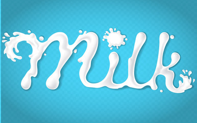 Vector 3D realistic word milk with liquid splashes, abstract background with milky letters. Text made of white flowing cream or yogurt. Creative typography for package design, branding promotion, ad
