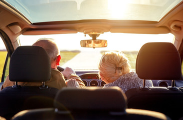 Smiling elderly couple driving car.