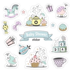 Set of Baby shower stickers. Isolated on a white background drawn by hand.