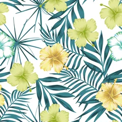Wallpaper murals Hibiscus Lime green hibiscus on the blue leaves seamless background