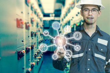 Industrial innovation technology and industry 4.0 concept. Double exposure of engineer man pointing...