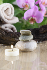 Fototapeta na wymiar Spa Still Life, Stones, Candle and wood on green background
