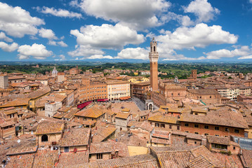 Obraz premium Siena, Tuscany, Italy. View of the Old Town - Piazza del Campo, Palazzo Pubblico di Siena, Torre del Mangia at sunset from Siena Cathedral (Duomo di Siena)