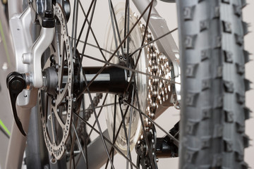 Bike hub of rear wheel, close up view, studio photo.