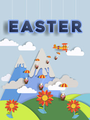 Happy Easter Day. Easter Paper Art Design. Air plane flying between mountains and clouds. Hamper with eggs fall to nature landscape.