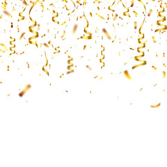 Christmas golden confetti with ribbon. Falling shiny confetti glitters in gold color. New year, birthday, valentines day design element. Holiday background.