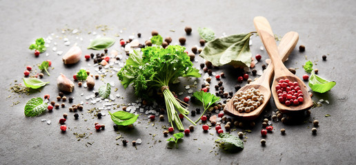 Herbs and spices  on a black board