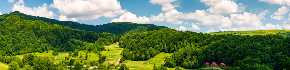 panorama of mountainous rural area in summer. beautiful landscape of the forested hill and village in the valley. agricultural fields on grassy slopes under the cloudy sky