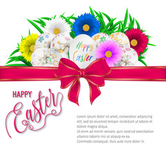 Happy easter image vector. Modern happy Easter background with colorful eggs and spring flower. Template Easter greeting card, vector.