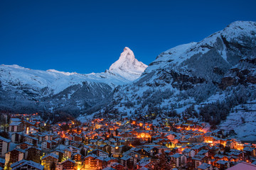 Early Morning landscape View on Zermatt city village  Valley and Matterhorn Peak in the Morning, Switzerland - obrazy, fototapety, plakaty