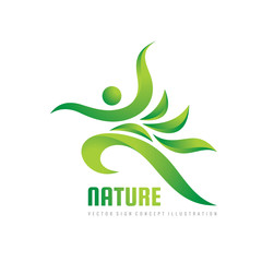 Green nature vector logo template. Health sign. Fitness woman concept illustration. Human character with leaves. Freedom icon. Design element. 