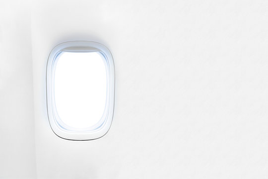 Airplane window with place for text, portholes of airplane from white plastic with open