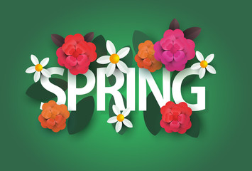spring word with flowers on green background