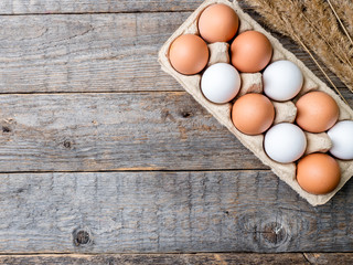 Ingredients for Breakfast Oatmeal Eggs Bread Apple Rustic Wooden background Copy space