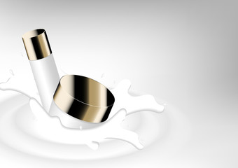 Cosmetic ads mockups, serum and cream falling in milk