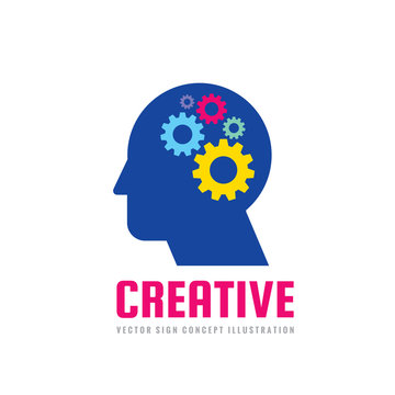 Human head and brain process with gears - vector business logo concept illustration in flat design style. Creative idea symbol. Graphic element. 