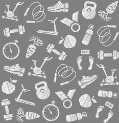 Fitness, sports training, seamless pattern, shading pencil, gray, vector. Fitness and a healthy lifestyle. Hatching a white pencil on the grey box. Imitation. Vector pattern.  