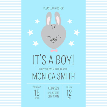 Cute baby shower boy invite card vector template. Cartoon animal It’s a boy illustration. Blue design with little bunny and stars. Kids newborn poster or birthday party invitation background.