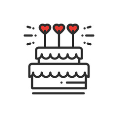 Wedding cake with heart topper line icon. Wedding sign and symbol. Pie dessert. Happy birthday. Vector illustration. Congratulation.