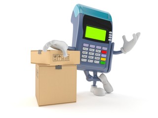 Credit card reader character with stack of boxes