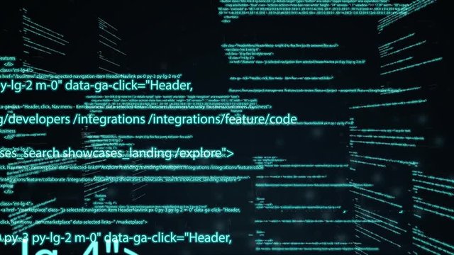 Computer code running in a virtual space. camera moves through the text. Abstract technology programming code. Computer scriptor or software concept. illustration of business processes, technology