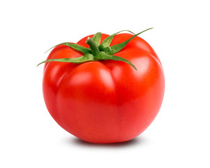 Fresh red tomato with green peduncle. Ripe red tomato on a white background.