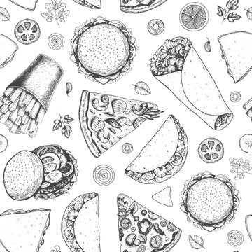 Fast food seamless pattern. Hand drawn vector illustration. Menu design with pizza, burritos, tacos, burgers and french fries. Engraved style image.