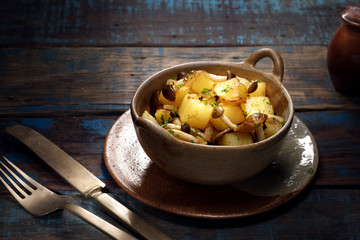 view of nice fresh hot stewed potato with mushroom on  color background