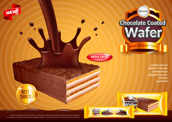 Wafer with pouring chocolate ads vector background