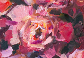 Oil painting close-up flower. Big red violet flowers rose peony closeup macro on canvas. Modern Impressionism. Impasto artwork. © weris7554