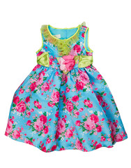 Ornate children's dress with a floral pattern. Isolate on white