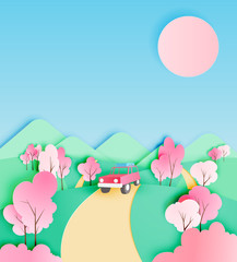 Road trip with car and natural pastel color scheme backgroud