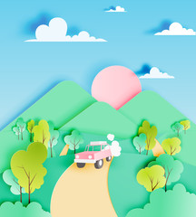 Road trip with car and natural pastel color scheme backgroud