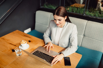Pretty business woman using laptop in cafe. Business, online business concept.