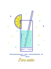 Glass of pure water with lemon and straw.