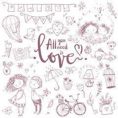 Fototapeta na wymiar Cute fall in love collection. Nice romantic isolated elements. F