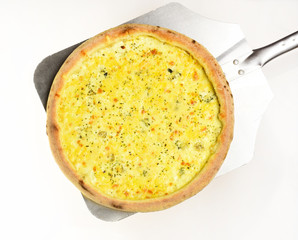 Fast food and italian cuisine concept. Pizza with mozzarella, cheddar,