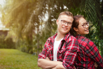happy young couple in love hug and looking at each other and smiling, couple concept, valentine's day concept