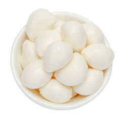 Mozzarella cheese in bowl on white background